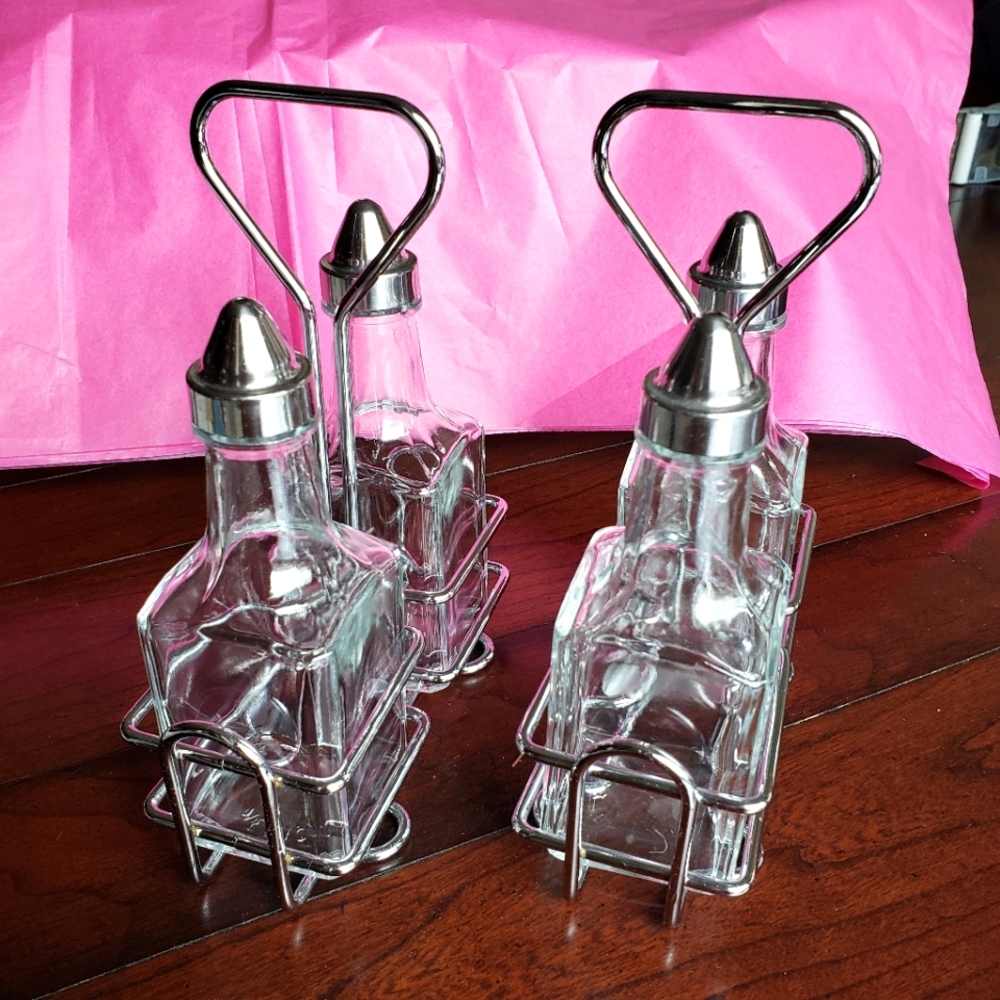 2 Sets, Oil & Vinegar Bottles w/ Metal Caddy & Oil & Vinegar Glass Shakers - Picture 11 of 11
